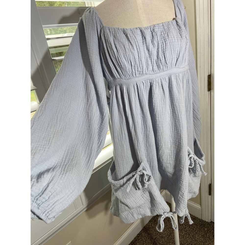 Boho Cotton Gauze Mini Dress XL Baby Blue Tie Pocket Bubble Hem Fairycore Tunic - Picture 2 of 7